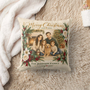 Merry Christmas Family Photo Evergreen Cranberry Cushion