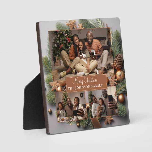 Merry Christmas Family Photo Evergreen Gold Ribbon Plaque (Front)