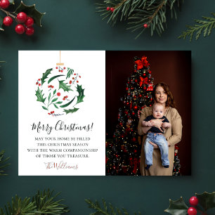 Merry Christmas Family Photo Floral Ball Red Green Holiday Card