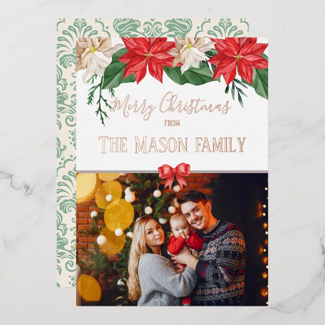 Merry Christmas Family Photo Floral Modern  Foil Holiday Card (Front/Back)