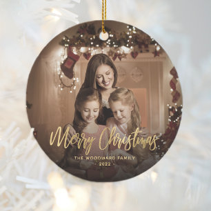 Merry Christmas Family Photo Gold Script Ceramic Tree Decoration