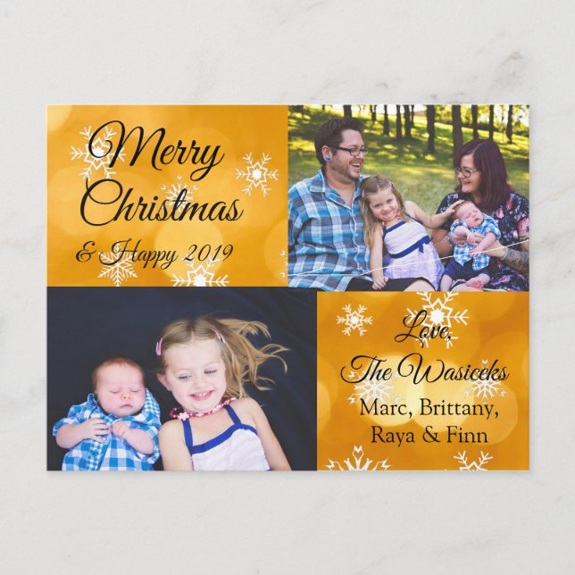Merry Christmas Family Photo Gold Snowflakes Holiday Postcard (Front)