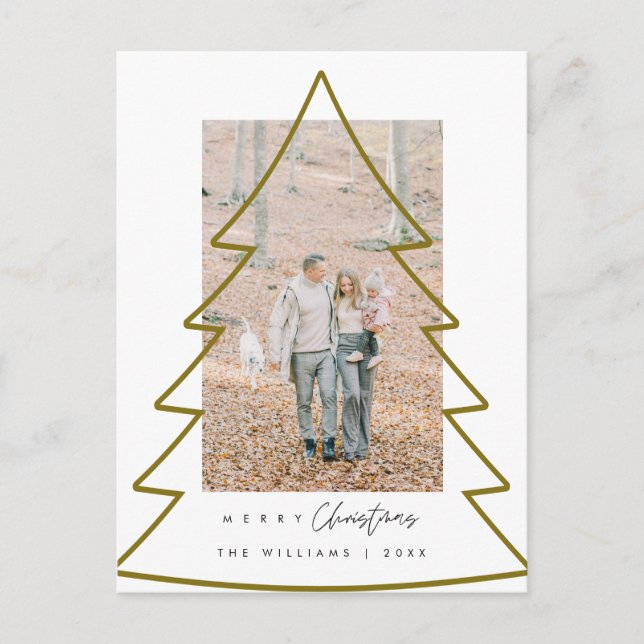 Merry Christmas Family Photo, Gold Xmas Tree Frame Postcard (Front)