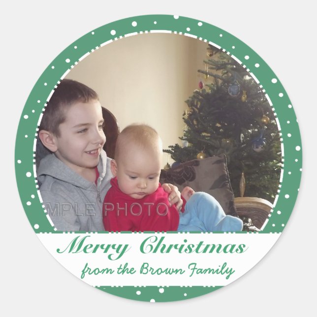 Merry Christmas Family Photo Green Circle Stickers (Front)