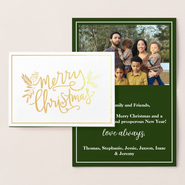 Merry Christmas Family Photo Green Gold Foil Card (Display)