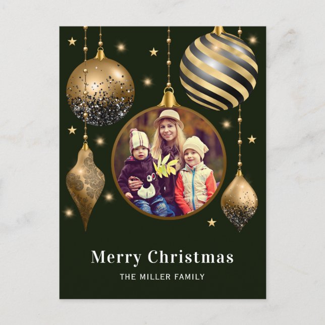 Merry Christmas Family Photo Green Gold  Holiday Postcard (Front)