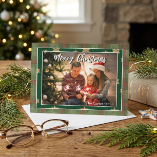 Merry Christmas Family Photo Green Red Plaid Invitation