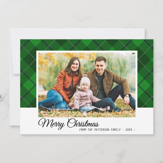 Merry Christmas Family Photo Green Tartan Style Card (Front)