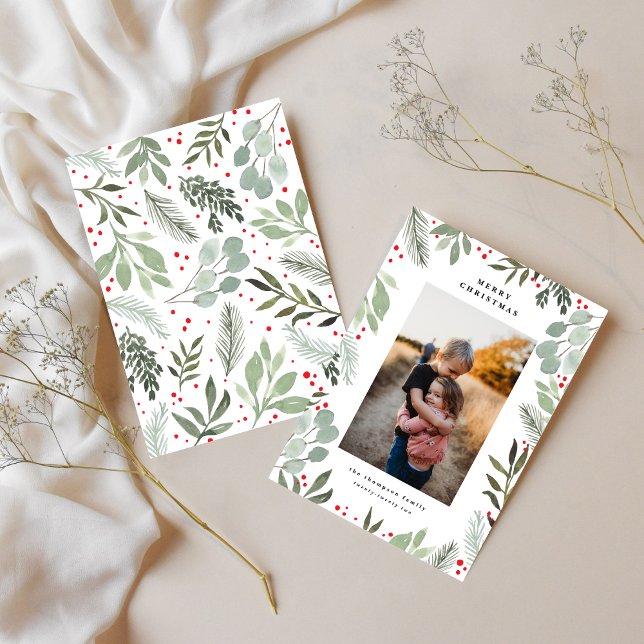 Merry Christmas Family Photo Green Watercolor Card (Creator Uploaded)