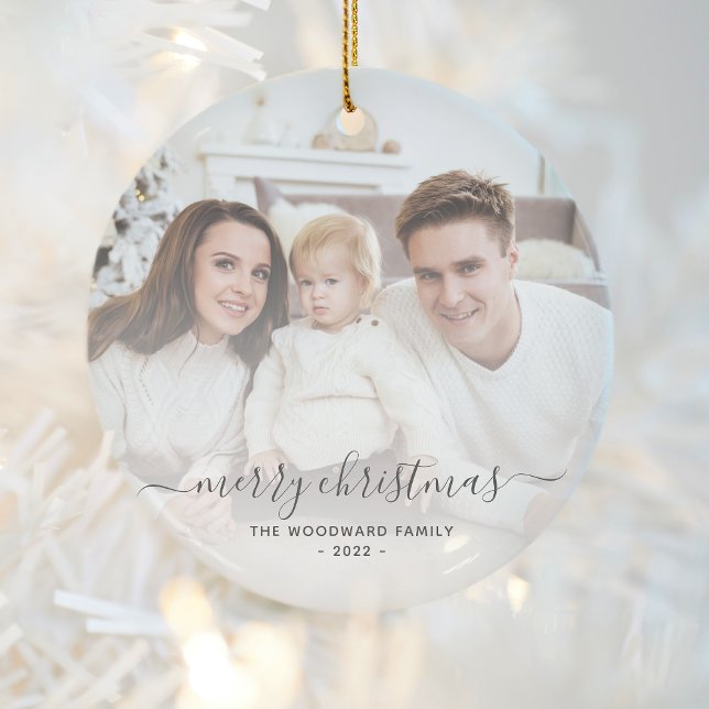 Merry Christmas Family Photo Grey Script Ceramic Tree Decoration (Creator Uploaded)