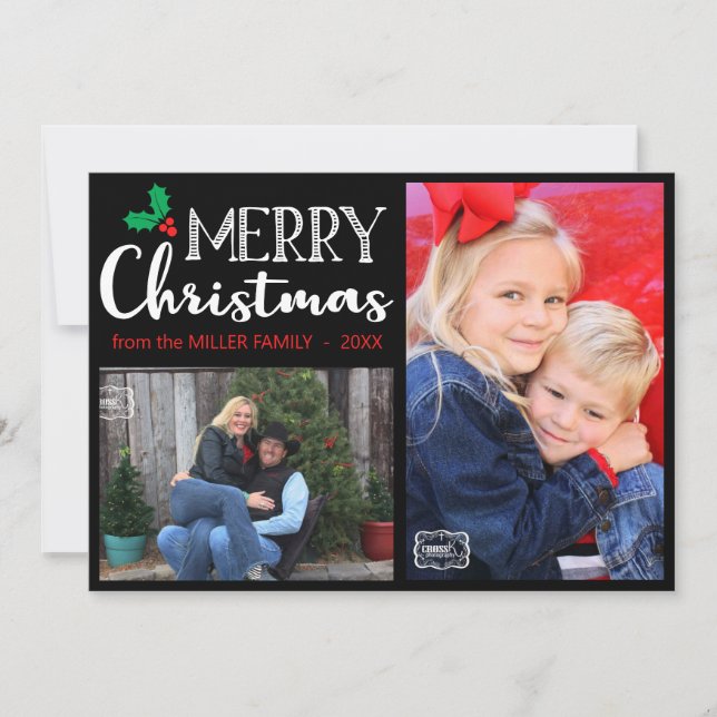 Merry Christmas Family Photo Hand Lettered Black Holiday Card (Front)