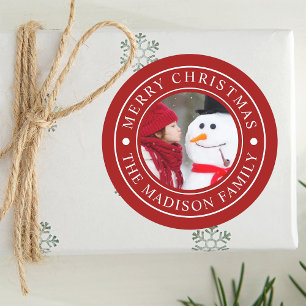 Merry Christmas Family Photo Holiday Red Classic Round Sticker