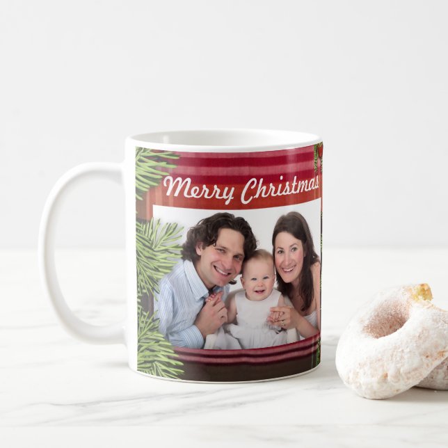 Merry Christmas Family Photo Holidays Personalise Coffee Mug (With Donut)