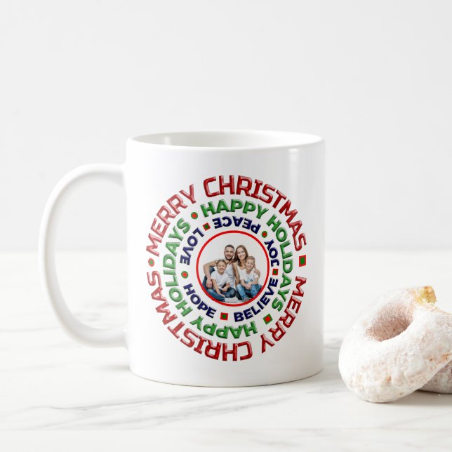 Merry Christmas Family Photo Holidays Personalise Coffee Mug (With Donut)