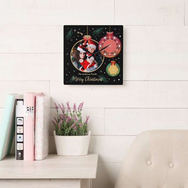  Merry Christmas Family Photo Holidays Personalise Square Wall Clock (Reading Room)