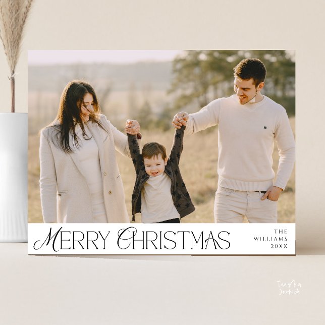 Merry Christmas Family Photo, Modern Elegant Postcard (Merry Christmas Family Photo, Modern Elegant Postcard in Black and White)