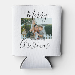 Merry Christmas family photo modern elegant rustic Can Cooler