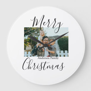 Merry Christmas family photo modern elegant rustic Large Clock