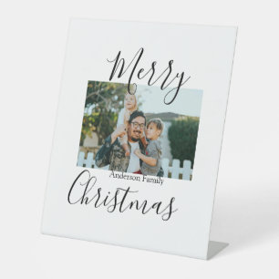 Merry Christmas family photo modern elegant rustic Pedestal Sign