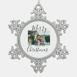 Merry Christmas family photo modern elegant rustic Snowflake Pewter Christmas Ornament