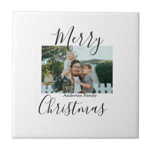 Merry Christmas family photo modern elegant rustic Tile