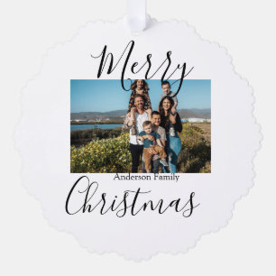 Merry Christmas family photo modern elegant rustic Tree Decoration Card