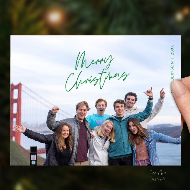 Merry Christmas Family Photo, Modern Minimal Postcard (Merry Christmas Family Photo, Modern Minimal Postcard in green theme)