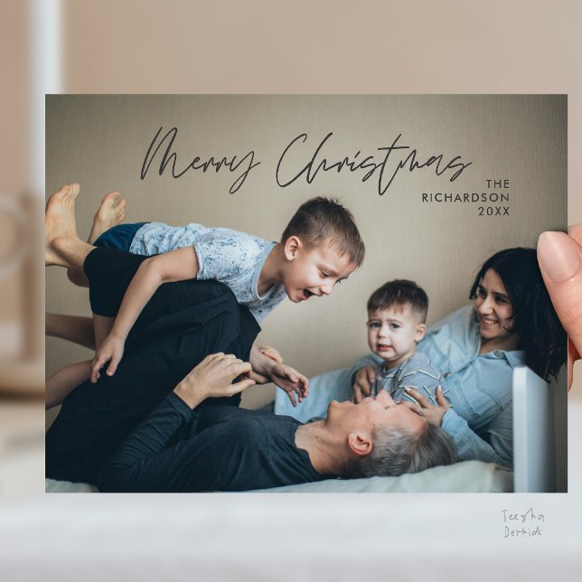 Merry Christmas Family Photo Modern Minimal Postcard (Merry Christmas Family Photo Modern Minimal Postcard in Charcoal Grey)