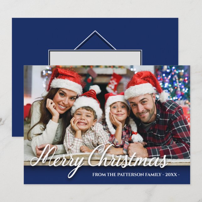 Merry Christmas Family Photo Modern Stylish Blue Card (Front/Back)