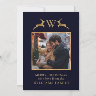 Merry Christmas Family Photo Monogram Gold Deer Holiday Card