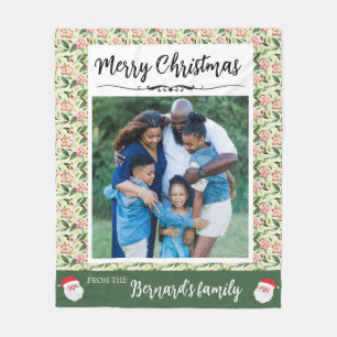 Merry Christmas Family Photo Name Floral Pattern Fleece Blanket