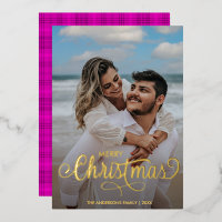 Merry Christmas Family Photo Name Pink Tartan