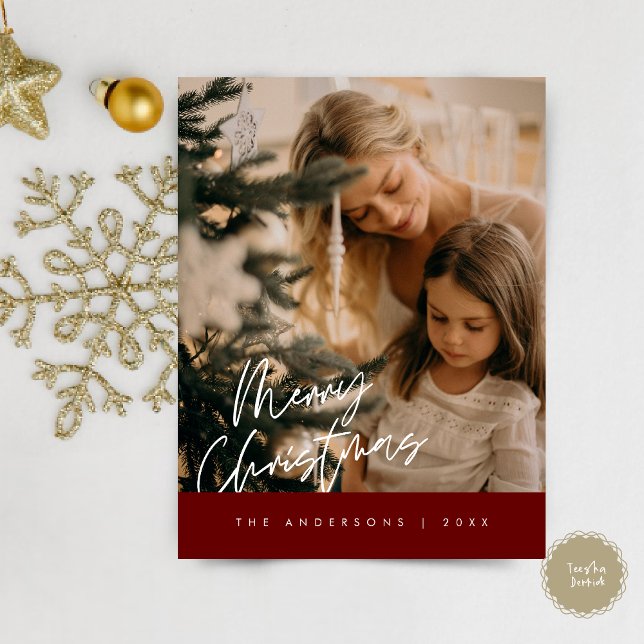 Merry Christmas Family Photo, Navy Blue Postcard (Modern Season Greeting, Merry Christmas Family Photo Postcard in burgundy red)