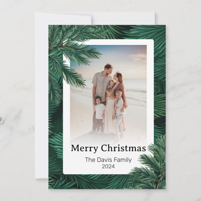 Merry Christmas Family Photo Pine Tree Holiday Card (Front)