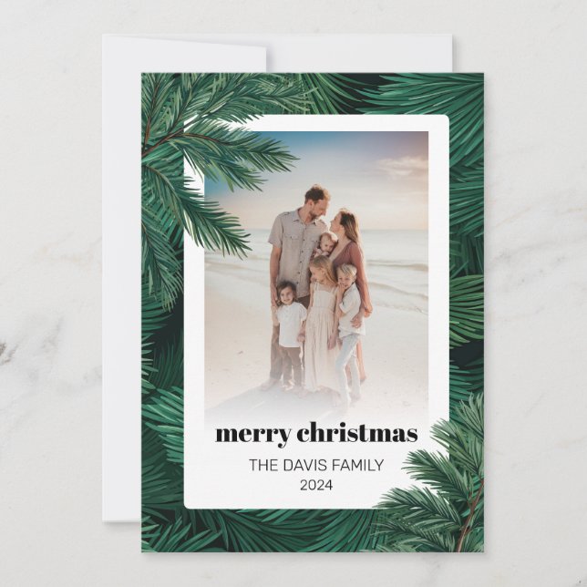 Merry Christmas Family Photo Pine Tree Holiday Card (Front)