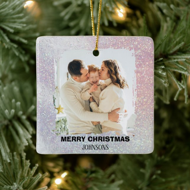 Merry Christmas Family Photo Pink Glitter Ornament (Tree)