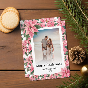 Merry Christmas Family Photo Pink Poinsettia Holiday Card