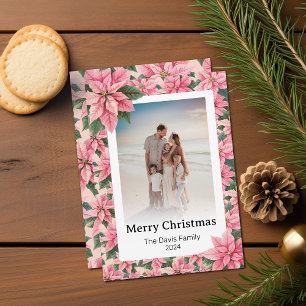 Merry Christmas Family Photo Pink Poinsettia Holiday Card