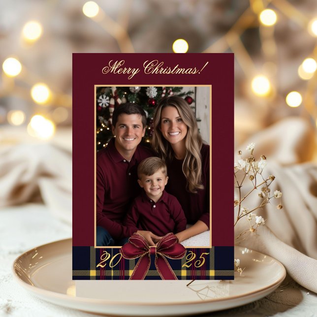Merry Christmas family Photo Plaid Christmas Card (Creator Uploaded)