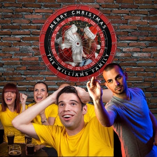 Merry Christmas Family Photo Red And Black Name Dartboard