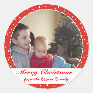 Merry Christmas Family Photo Red Circle Stickers