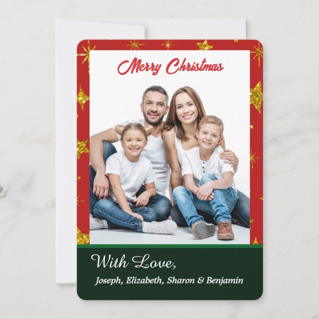 Merry Christmas Family Photo Red Gold Elegant  Holiday Card (Front)