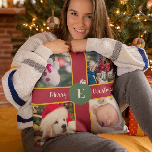 Merry Christmas Family Photo Red Green Monogram Cushion (Creator Uploaded)