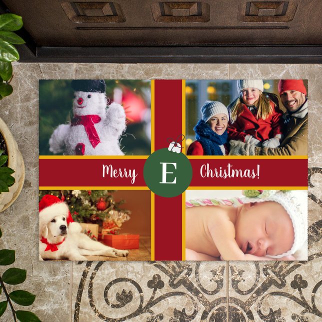 Merry Christmas Family Photo Red Green Monogram Doormat (Creator Uploaded)