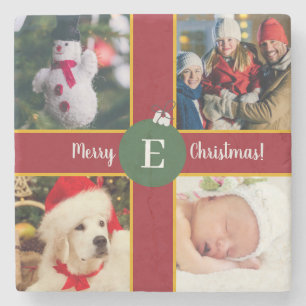 Merry Christmas Family Photo Red Green Monogram Stone Coaster