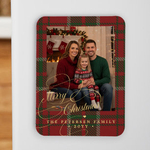 Merry Christmas family photo red green plaid Magnet