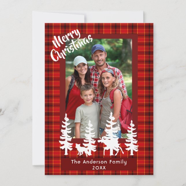 Merry Christmas family photo red plaid forest Holiday Card (Front)