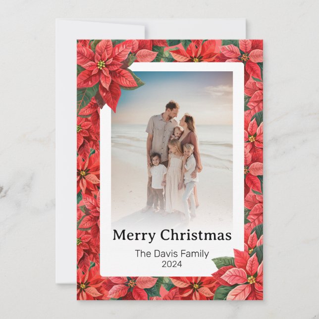 Merry Christmas Family Photo Red Poinsettia Flower Holiday Card (Front)