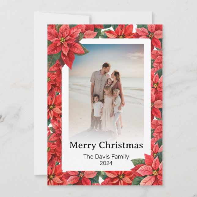 Merry Christmas Family Photo Red Poinsettia Flower Holiday Card (Front)