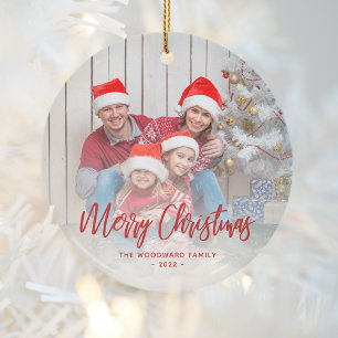 Merry Christmas Family Photo Red Script Ceramic Tree Decoration